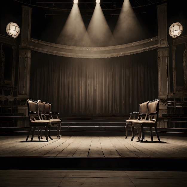 a stage with chairs and a curtain that saysthe word on it