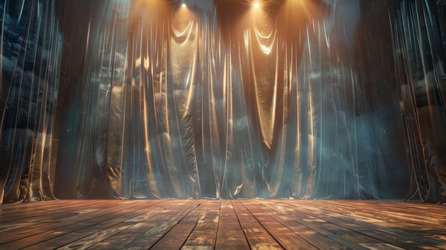 a stage with a curtain that says  the name  on it