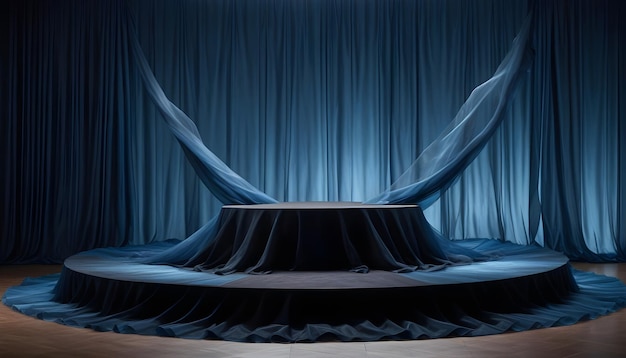 a stage with a curtain that says the stage