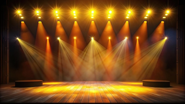 A stage with a dark background and yellow and orange spotlights shining down electrifying entertainment artistic ambiance theatrical event illumination dramatic brightconcert