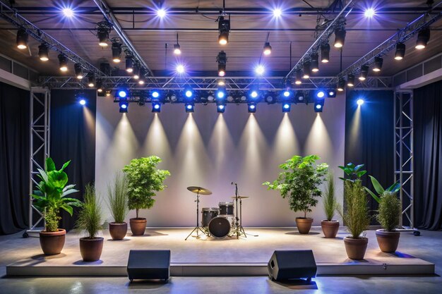 a stage with a drum set and a potted plant on it