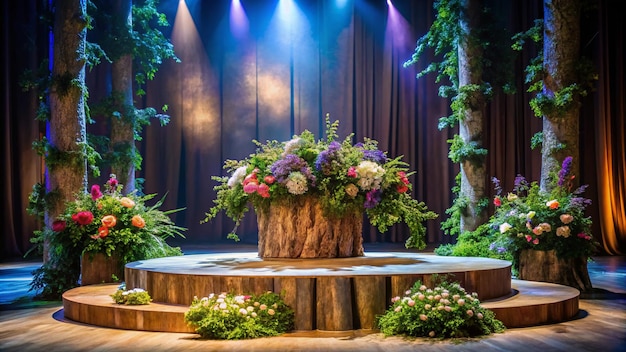 Photo a stage with flowers and a stage with a tree stump on it