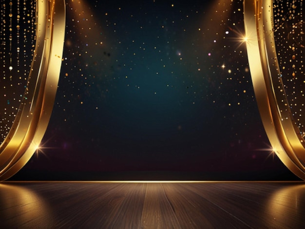 a stage with gold and gold stars on the wall and a wooden floor