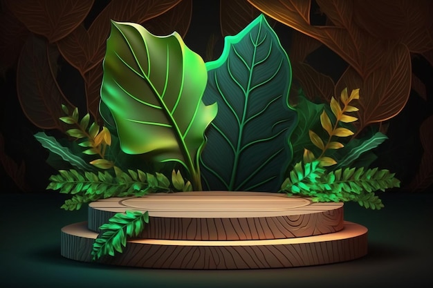 A stage with a green leaf on it