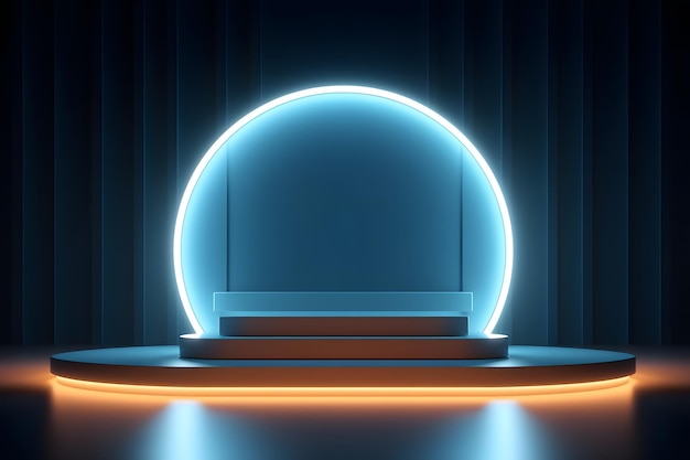 A stage with a large blue ball on it