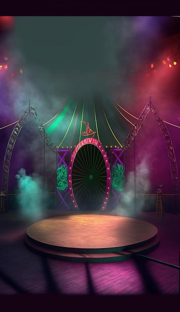 A stage with a large round door that says'circus'on it