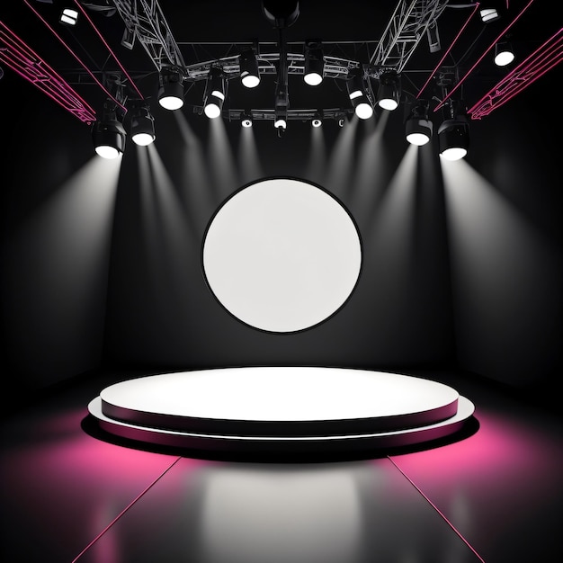 A stage with a large white circle in the middle of it.