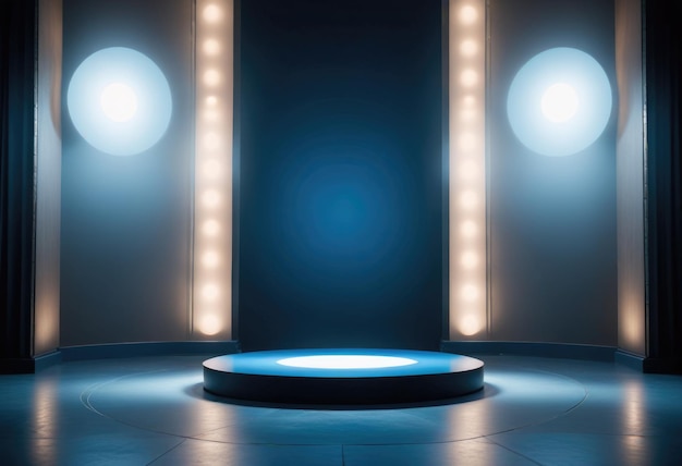 a stage with lights on it and a round table on the floor