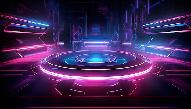 Stage with neon glowing gradients and vibrant laser beams in purple blue and red colors Generative ai