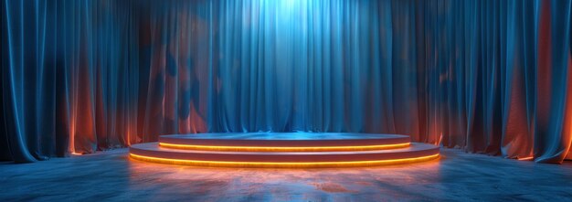 Stage with Neon Lights and Blue Curtains