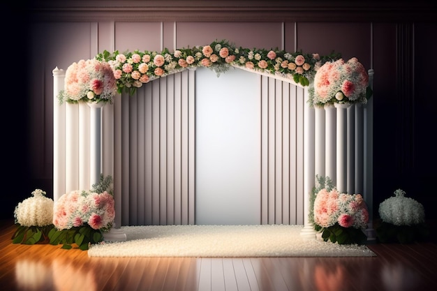 A stage with a pink and white arch with flowers on it.