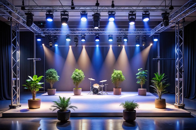 a stage with plants and a drum set on it