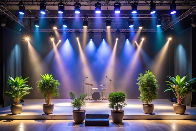 a stage with plants and a drum set that says  potted plants