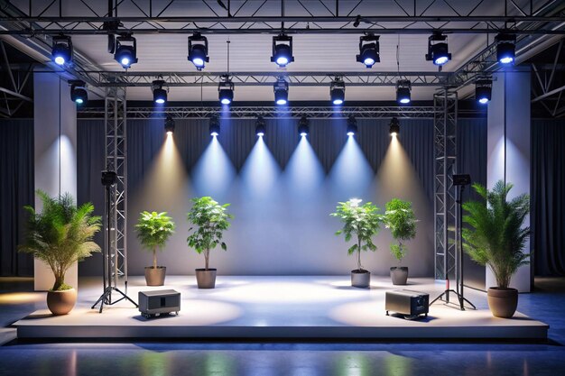 Photo a stage with plants and lights on it