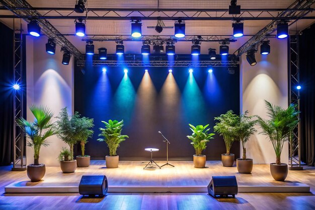 a stage with plants and a microphone on it