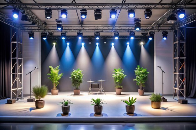 a stage with plants and a sign that says  potted plants