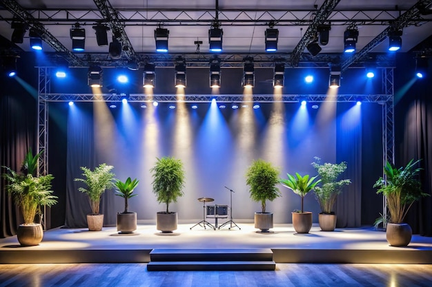 a stage with plants and a stage with a light on it