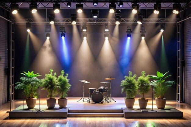 Photo a stage with potted plants and a drum set on it