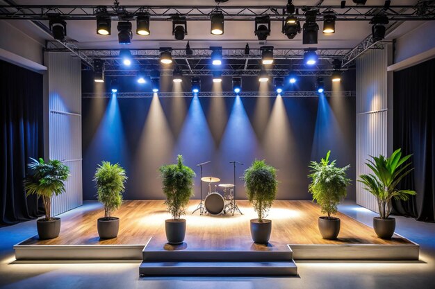 a stage with potted plants and a drum set on it