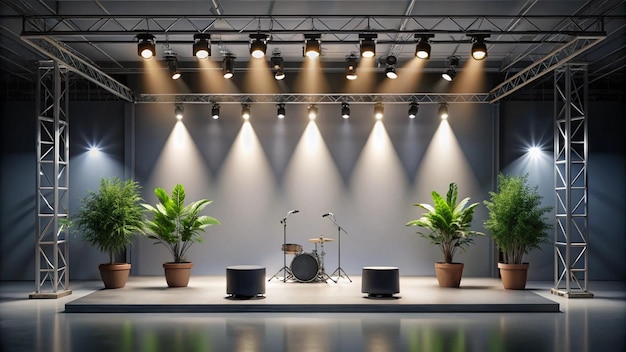 Photo a stage with potted plants and a drum set with a potted plant on it