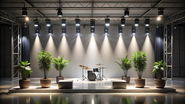 Photo a stage with potted plants on it and a drum set with a drum set on the stage