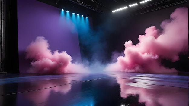 a stage with a purple and pink smoke and a purple background