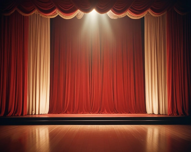 a stage with a red curtain and a red curtain with a green and blue curtain behind it