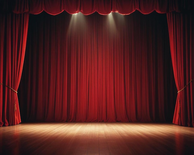 a stage with a red curtain and a red curtain with a green and blue curtain behind it