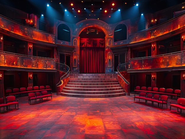 a stage with a red curtain and a red curtain