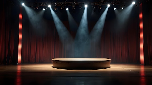 a stage with a red curtain and spotlights on it