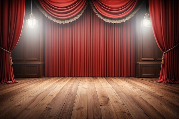 Stage with red curtain and wooden floor