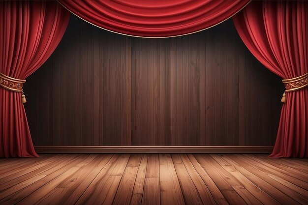 Stage with red curtain and wooden floor