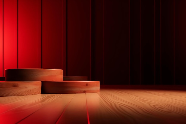 A stage with a red curtain and wooden steps.