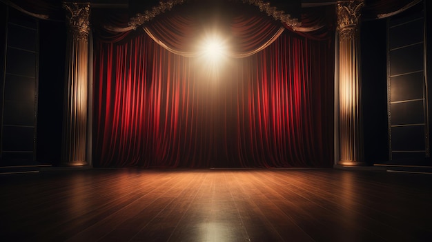 Stage with red curtains and spotlight