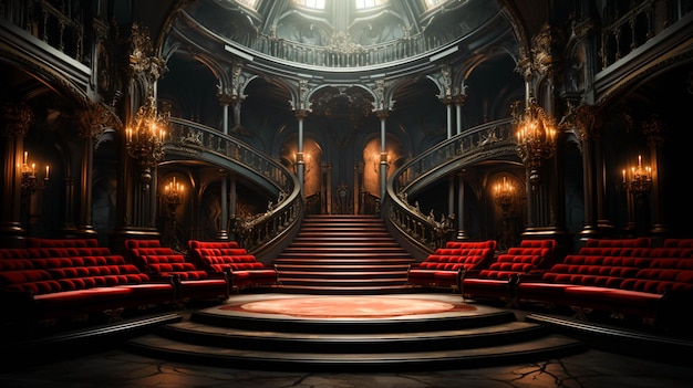 A stage with a red theater and a stage