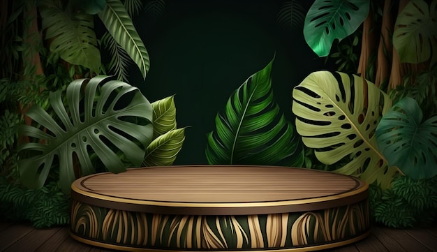 A stage with a round stand in front of a tropical background.