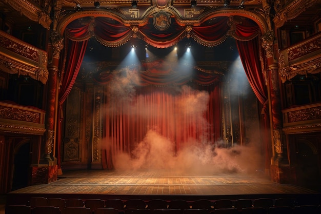 A stage with smoke and red curtains