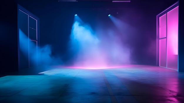 A stage with a spotlight on it and a blue light on the floor