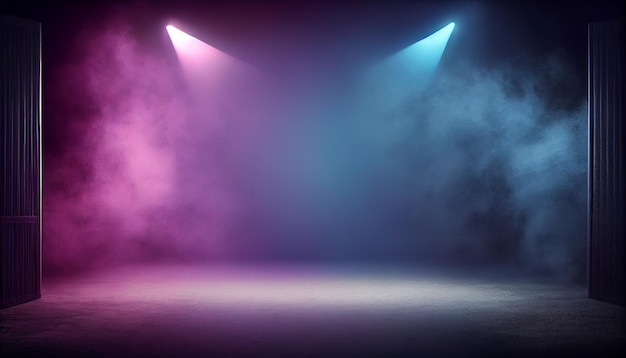 A stage with a spotlight on it and a pink and blue light on it.