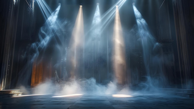 Photo a stage with spotlights shining down on it light beams and smoke the stage was illuminated by spotli