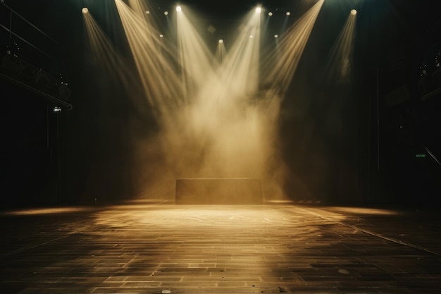 A stage with spotlights shining down on a single bench ready for an event or performance