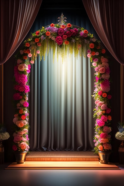 A stage with a stage and flowers on it