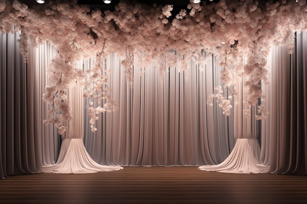 A stage with a white curtain and flowers made by the artist.