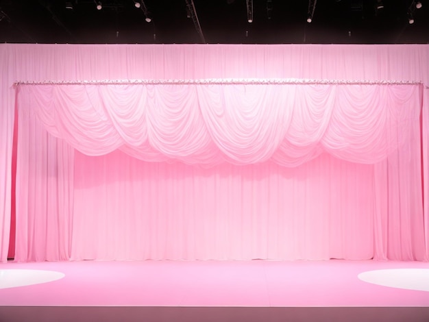 A stage with a white curtain that says pink color illustration AI GENERATED