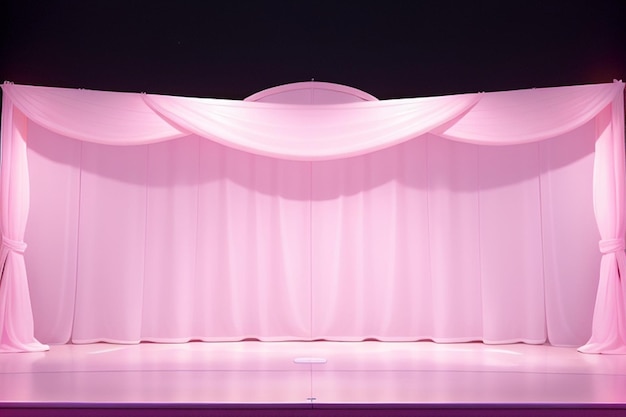 A stage with a white curtain that says purple and white on it