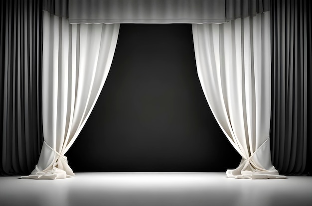 A stage with a white curtain that says