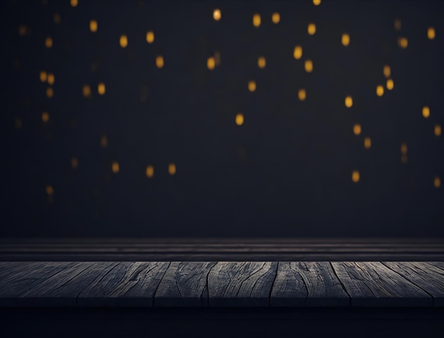 A stage with a wooden floor and yellow lights in the background