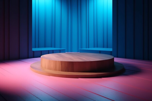 A stage with a wooden podium in front of a blue curtain.