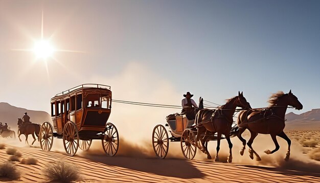 Photo a stagecoach racing across the desert with a team of horses kicking up dust