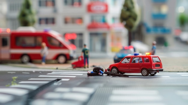 Photo a staged toy car accident scene with miniature emergency vehicles